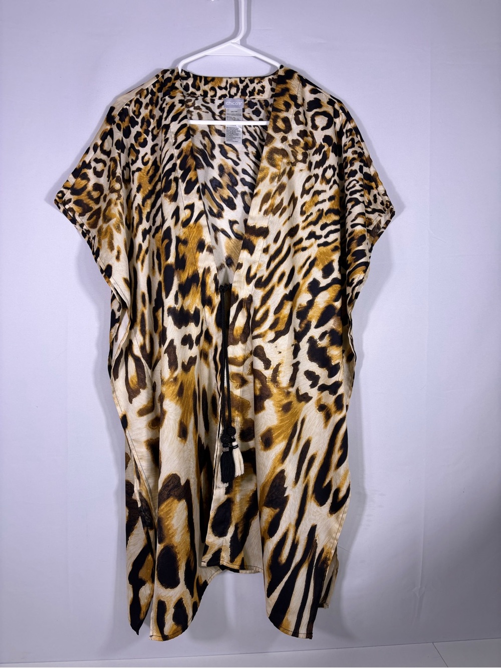 Chico’s Leopard Print Kimono Cover Up Tassel Beach Caftan S/M